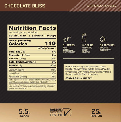 Optimum Nutrition Gold Standard 100% Isolate, Protein Powder, Chocolate Bliss, 3 Lbs, 44 Servings. Whey Protein Isolate