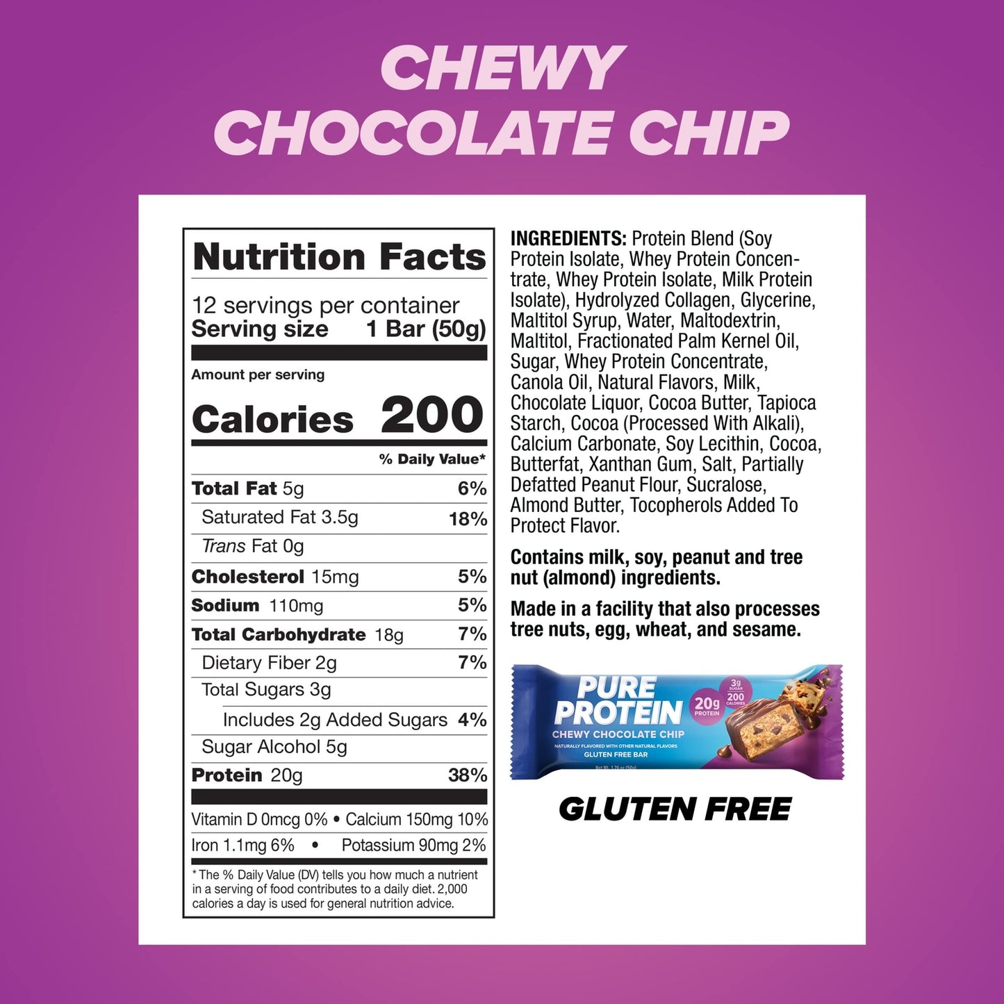 Barras Proteicas Pure Protein Chocolate Chip (12 Unidades)
